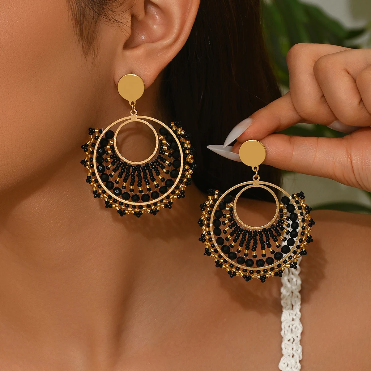 Women’s Bohemian Fan-Shaped Beaded Earrings – Retro Resort Style Jewelry