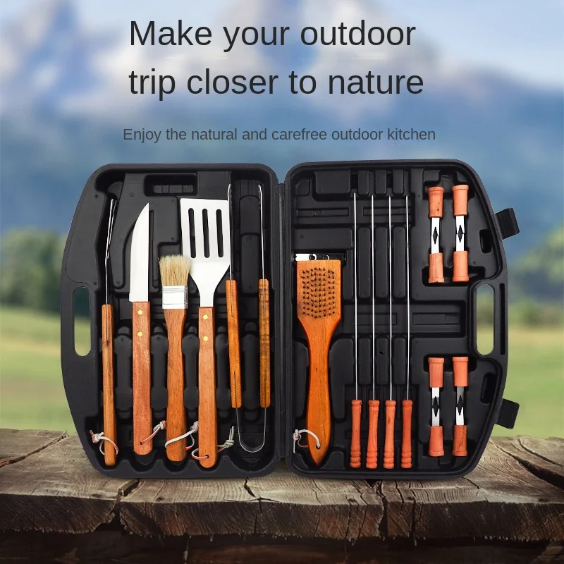 19-piece Set Of Wooden Handle Barbecue Tools Outdoor Multi-function  Stainless Steel Grill Bbq Plastic Box Set Kitchen Gadgets