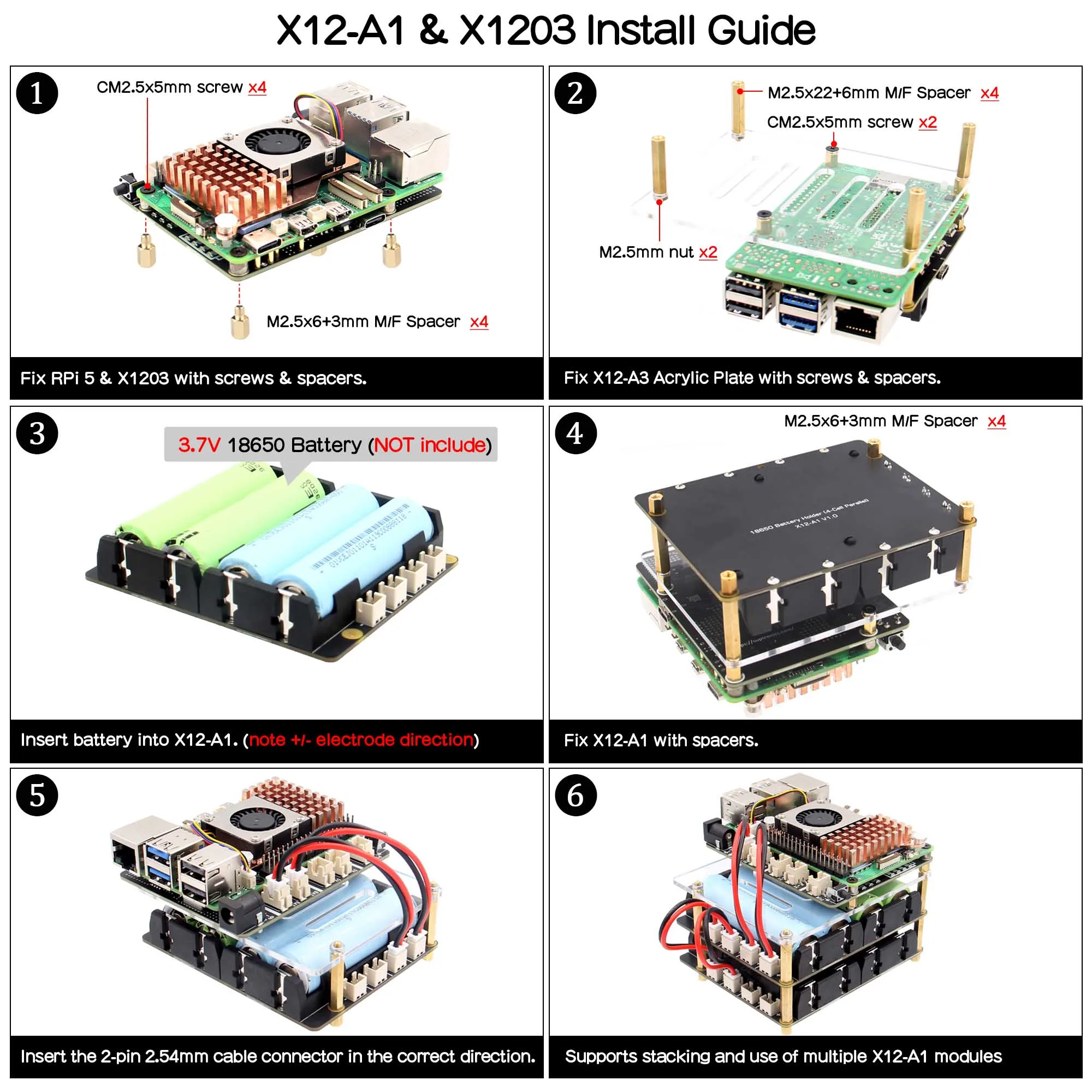 Geekbord X12-A1 V1.0 4슬롯 18650 배터리 홀더, 스택형, 라즈베리 파이 5 X1209/X1203 UPS HAT와 호환 가능