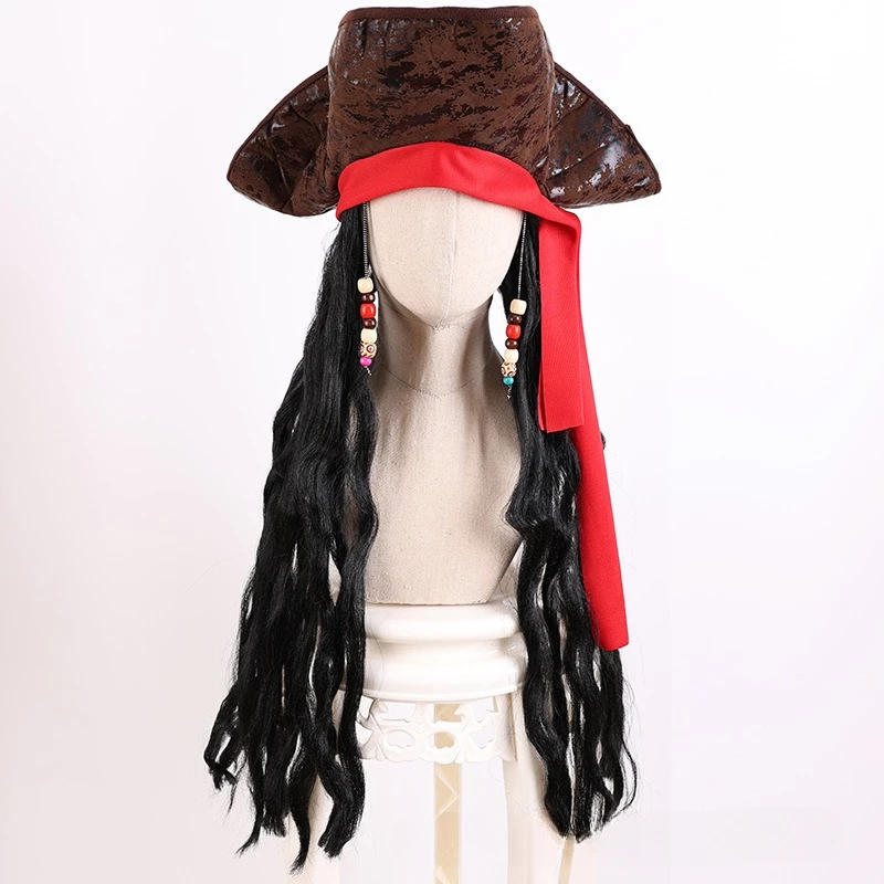 Caribbean Pirate Hat Wig Cosplay Captain Pirates Curly Hair Clothing Accessories Role Play Props Sparrow Wigs Men Halloween