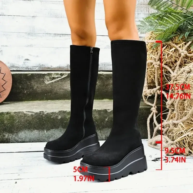 Fashion Suede Wedge Heel Ankle Boots Autumn Square Toe Chunky Platform Super High Heel Side Zip Boot Classic Solid Black Botas
