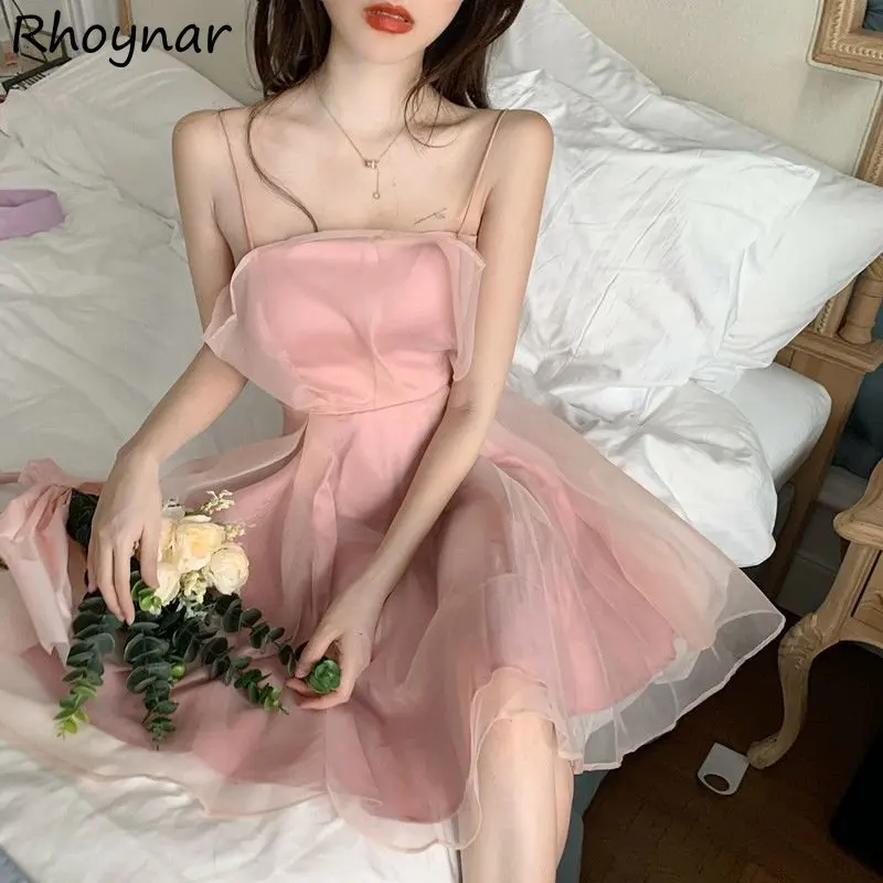 

Sleeveless Dresses Women French Style Mesh Patchwork Summer Sexy A-line Above Knee All-match Aesthetic Clothing Harajuku Mujer