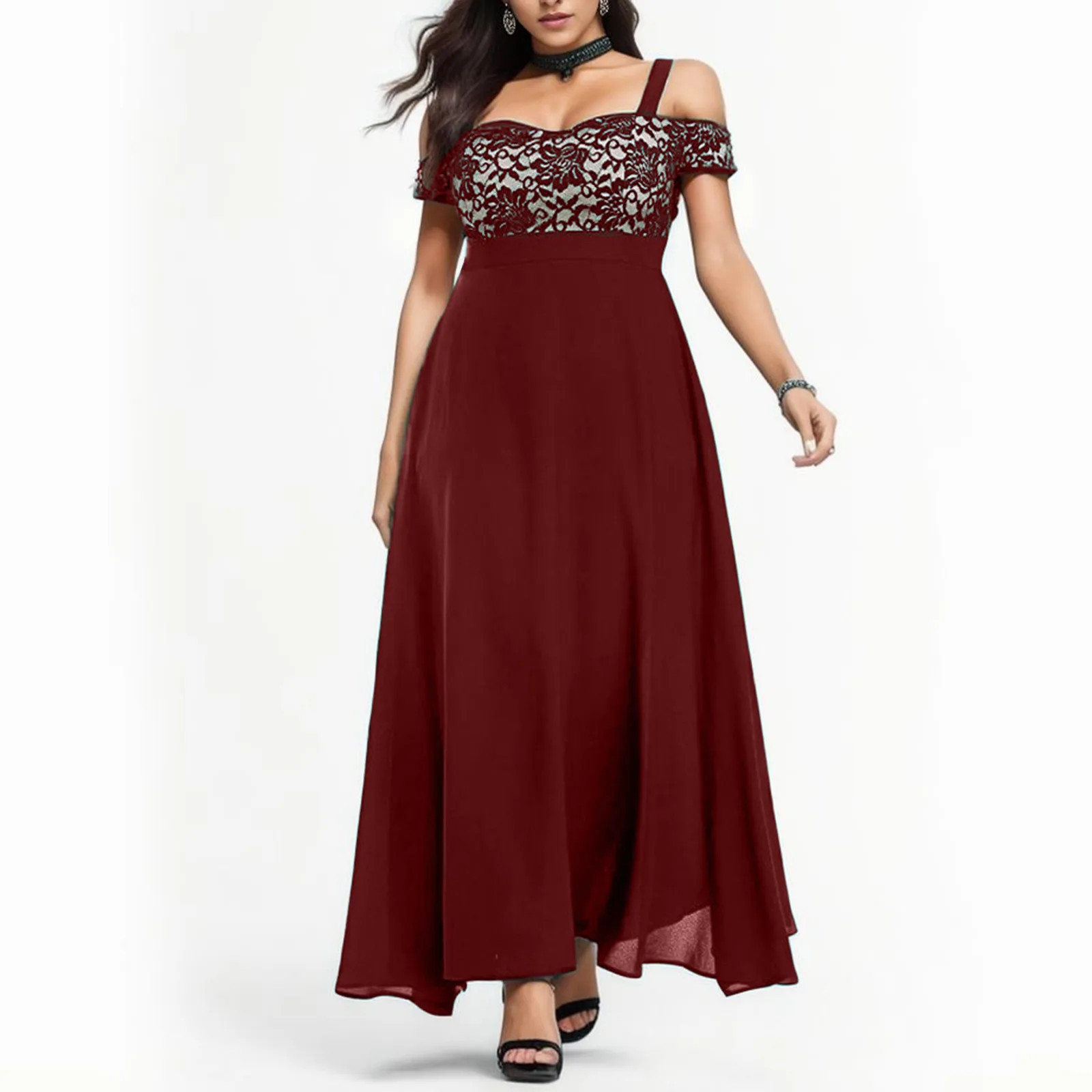 

Plus Size Women off Shoulder Party Dress Evening Floral Lace Maxi Dress Party elegant Ruffle Large Size Women's Long Dresses