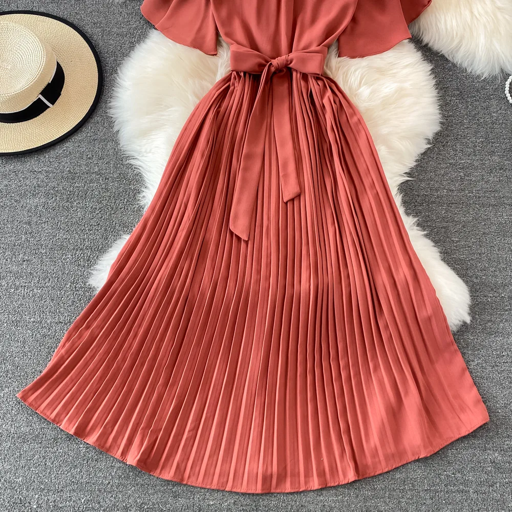 Women Elegant Pleated Dress Summer Short Sleeve V-neck Vintage Dresses Ladies A Line High Waisted Midi Dress