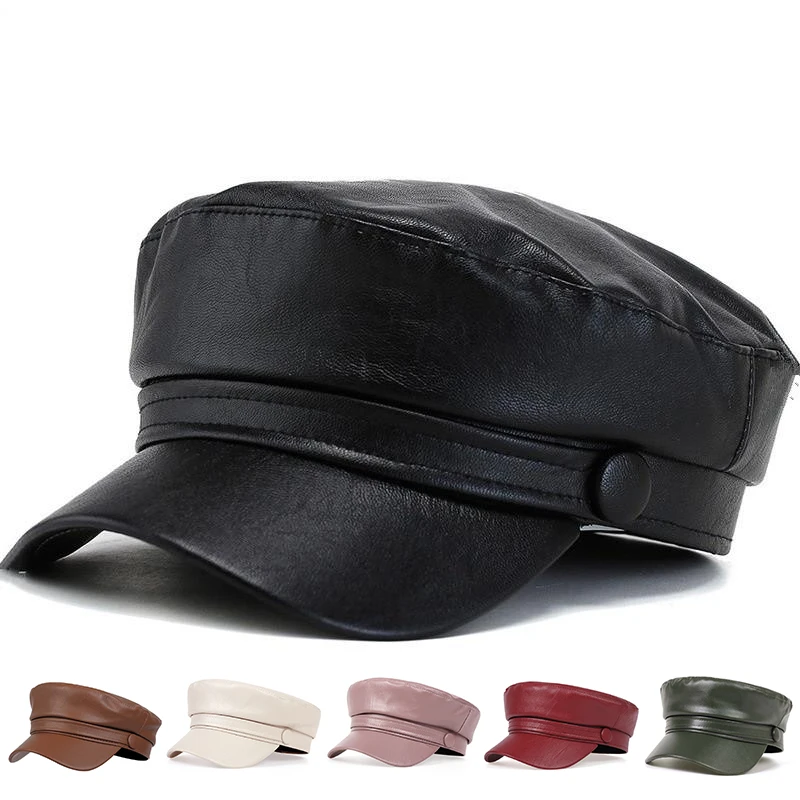 Flat Cap Autumn winter fashion ladies beret PU leather beret hat painter hats outdoor leisure Flat top military caps Spring Casual Berets
