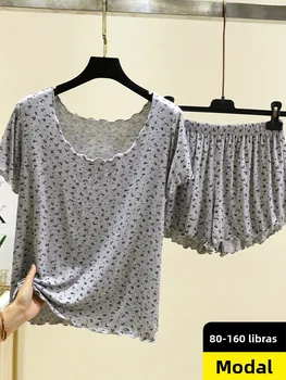 Slimming Effect Modal Short Sleeve T-Shirt Women Summer Home Wear Print Base Shirt plus Size Outerwear Sleepwear Shorts Set
