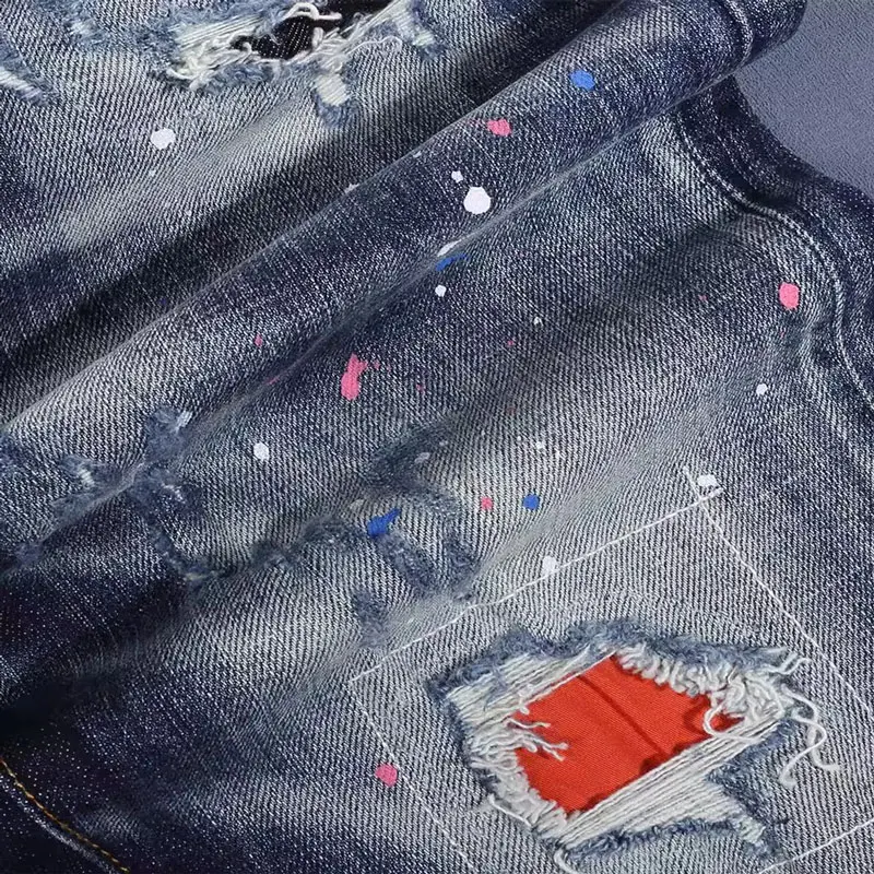 High Street Fashion Men Jeans Retro Blue Stretch Slim Fit Painted Ripped Jeans Men Patched Designer Hip Hop Brand Pants Hombre