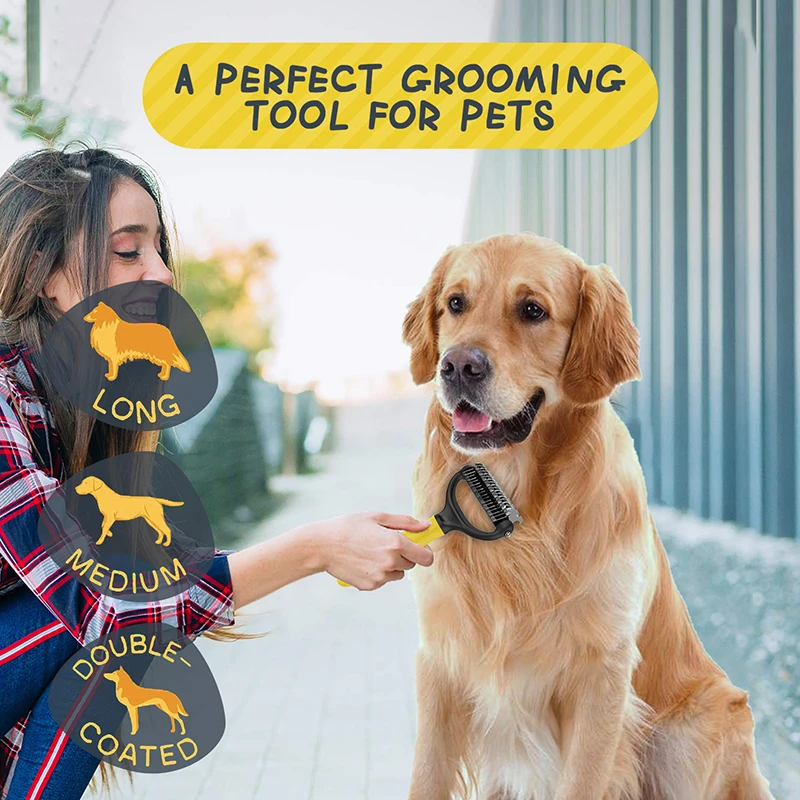 

Pets Stainless Steel Grooming Brush Two-Sided Shedding and Dematting Undercoat Rake Comb for Dog Cat Remove Knots Tangles Easily