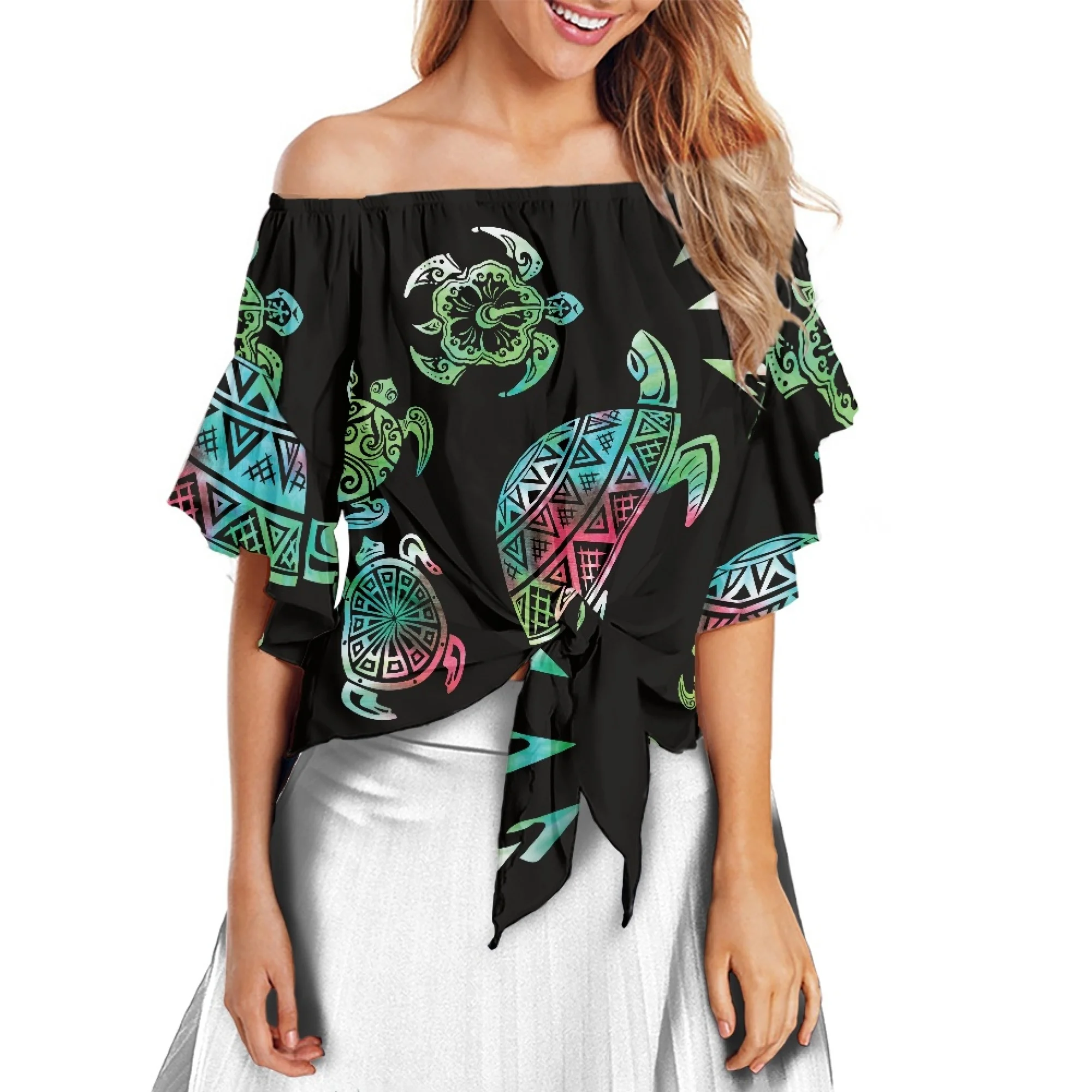 

2022 Women's One-Shoulder Lotus Leaf Sleeve Top Hawaiian Polynesian Tribe Custom Print Fashion Luxury Chiffon Office Wear Summer