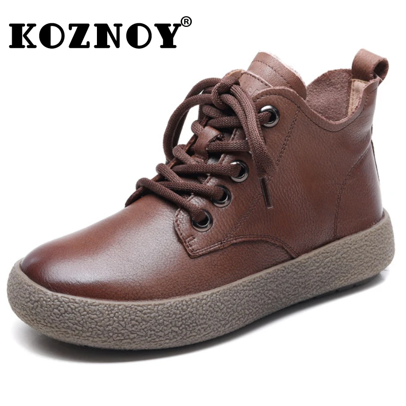 

Koznoy 3.5cm Retro Natural Comfy Lace Up Rubber Cow Genuine Leather Ankle Mid Calf Booties Autumn Spring Women Soft Flats Shoes
