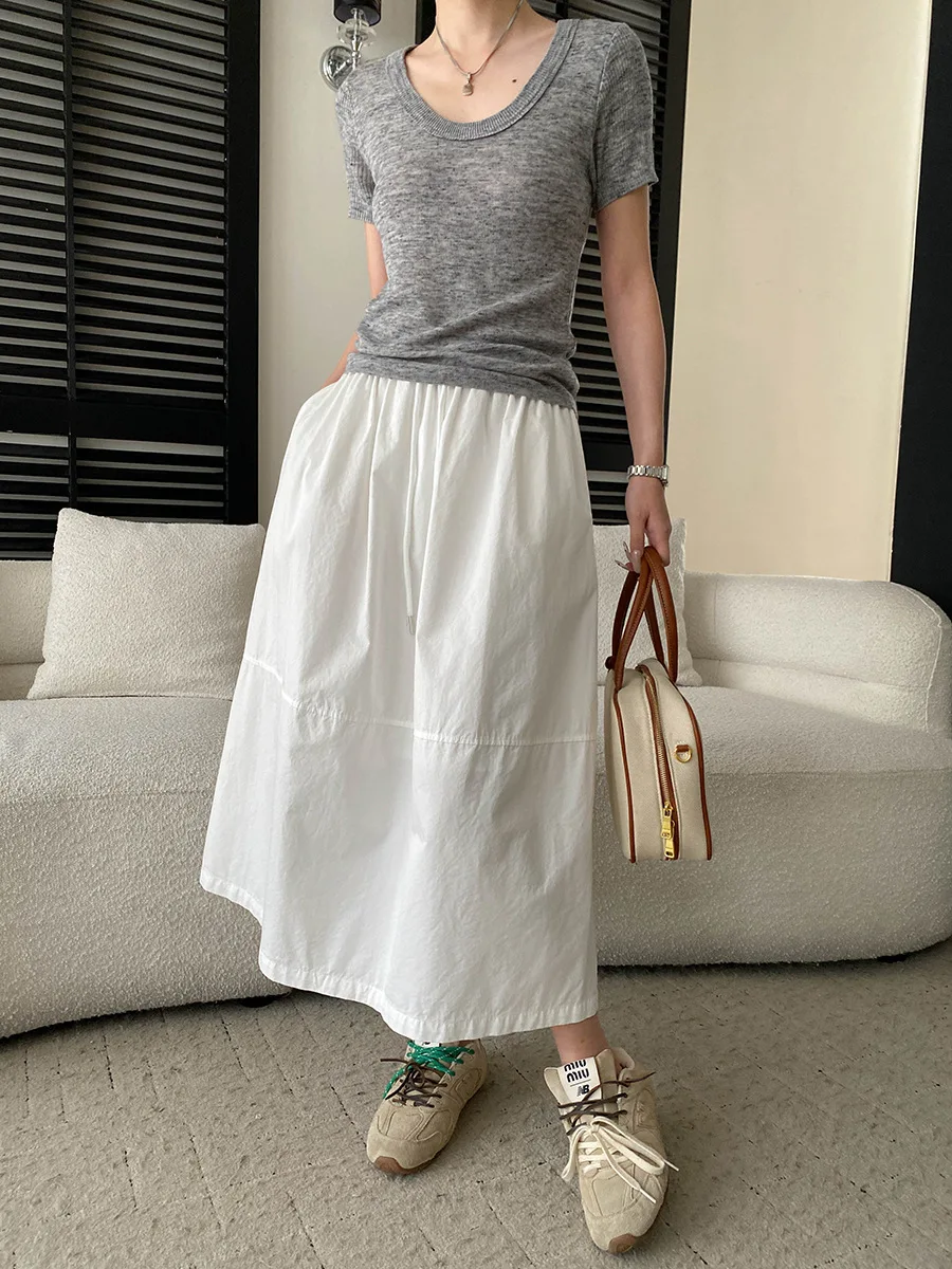 Frühlings- und Sommerrock für Damen, lässig, einfarbig, mit Kordelzug, elastisch, hohe Taille, A-Linie, schlank machender Rock – Detail 8