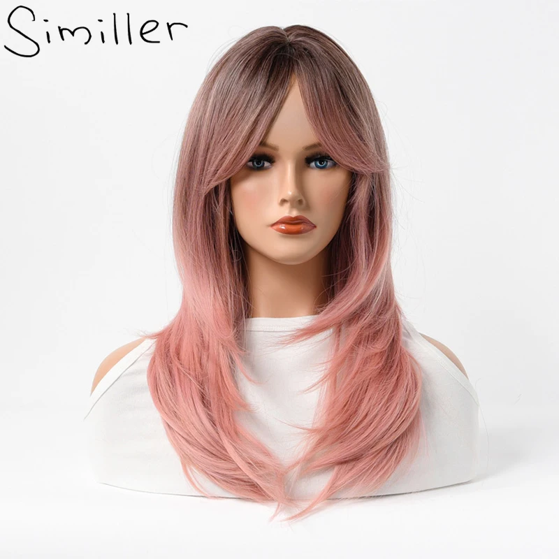 

Similler Women Ombre Synthetic Wig Straight Hair Medium Length Dark Root Pink Wig with Bangs Central Part Dye Two Tones