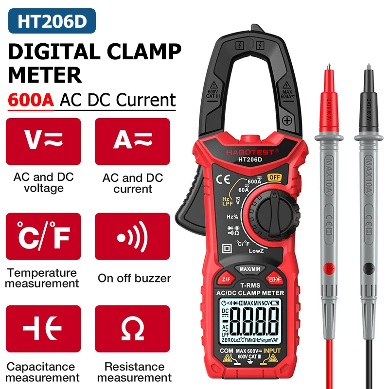 

HT206D Digital Clamp Meter T-RMS 600A AC DC 6000 Counts Multimeter Ammeter Voltage Tester Car Amp Hz Capacitance NCV Ohm Test