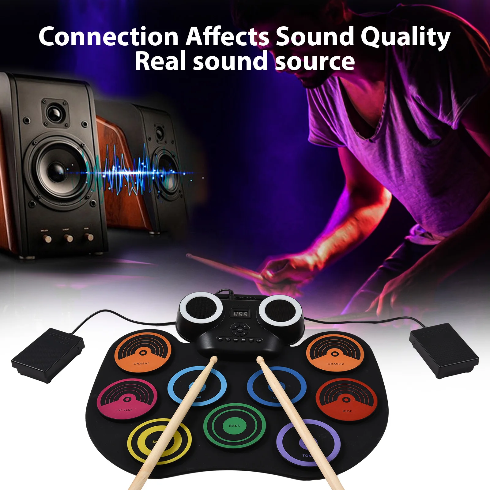 

Portable Electronic Drum Pads Hand-rolled Silicone Drum Set Built-in Speaker LED Display with Foot Pedals USB or Battery Powered