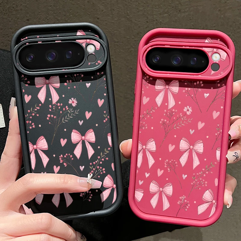 Elegant Pink Bow Flower Pattern Shockproof Phone Case - Solid Color, Soft Cover