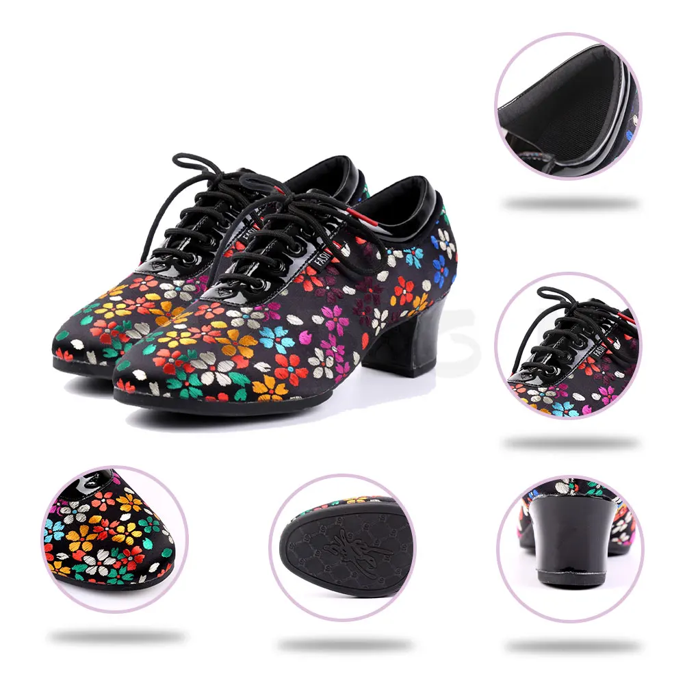 SWDZM Women Men Dance Shoes For Latin Modern Jazz Ballroom Dancing Shoes Salsa Practice Teacher Flower Rubber Shoe Cloth+PU 2