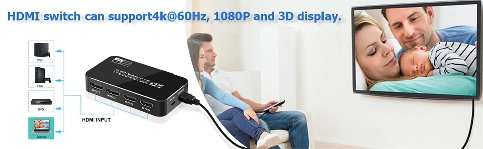 4K HDTV Splitter 4 In 1 Out 4 Port HD Switcher Selector HD Cable Supports Full H