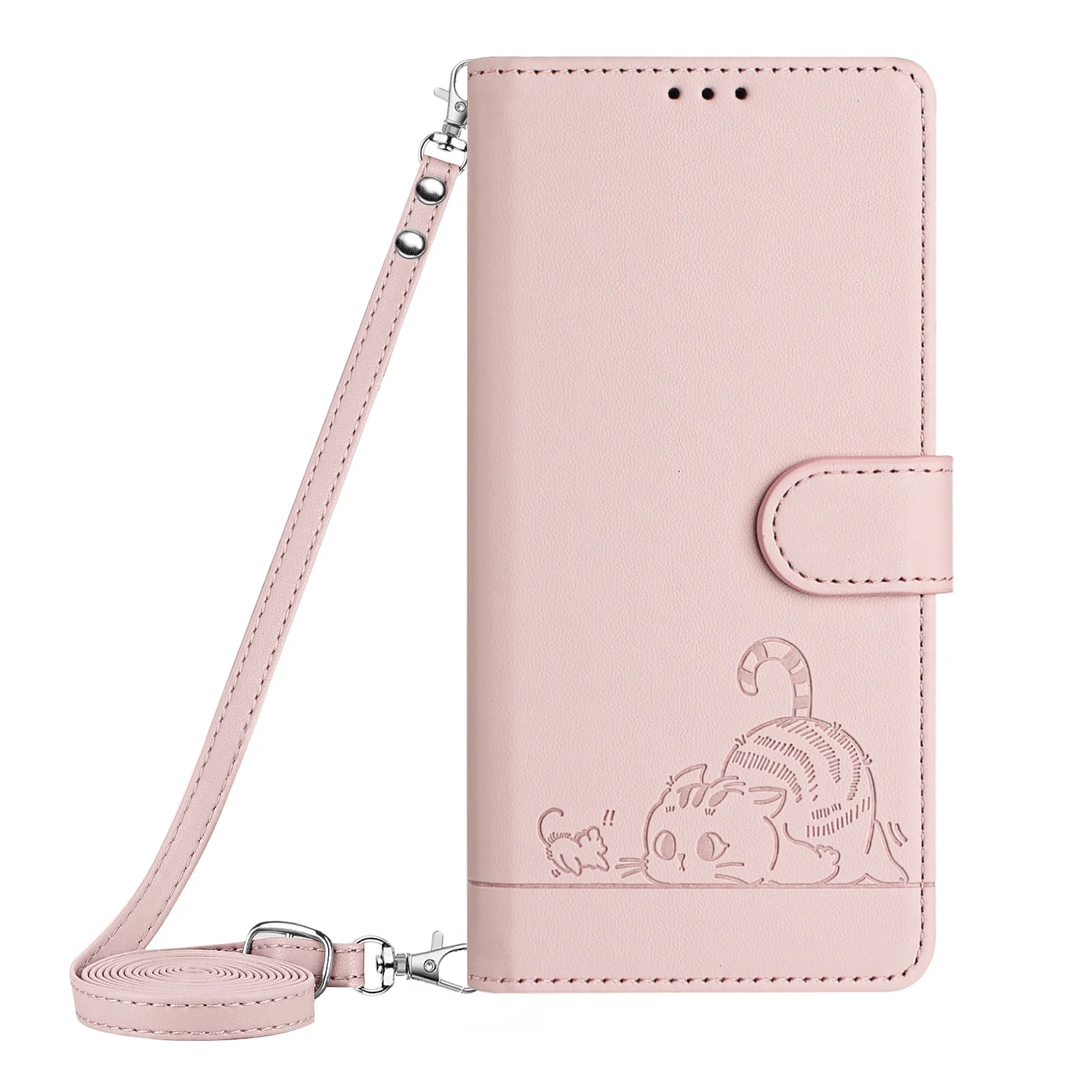 Charming Cat Crossbody Leather Wallet Phone Case with Lanyard and Card Slots
