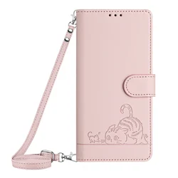 Charming Cat Crossbody Leather Wallet Phone Case with Lanyard and Card Slots for Tecno Spark 5 (Pink)