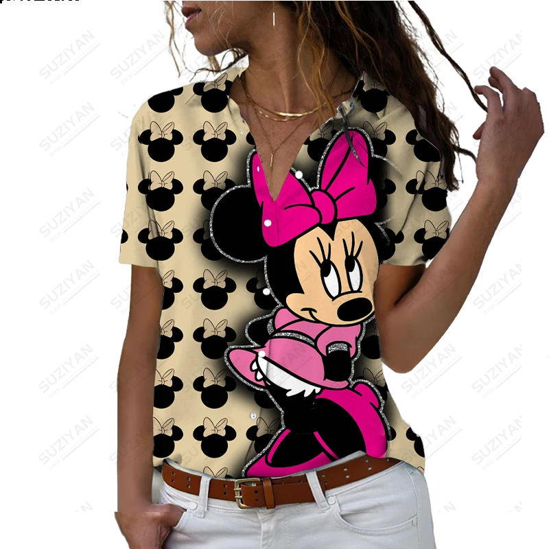 

Summer Disney Shirt Short Sleeve Button Style Cardigan Top 3D Printed Casual Harajuku Comfortable V-Neck Large Rainbow Mickey