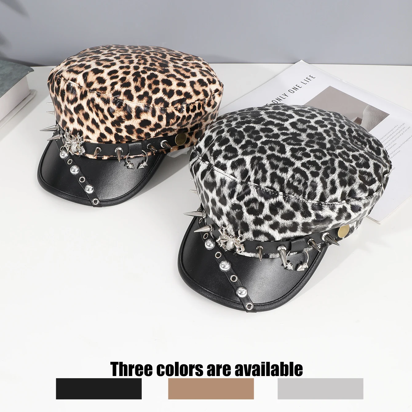 Spice Girl Style Riveted Spider Hoop PU Leather Newsboy Hat Y2K Fashion Trend Shopping Face Small Beret