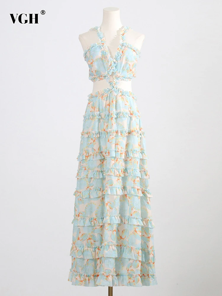 

VGH Spliced Lace Up Backless Dress For Women V Neck Sleeveless High Waist Hollow Out Tiered Elegant Dresses Female Fashion New