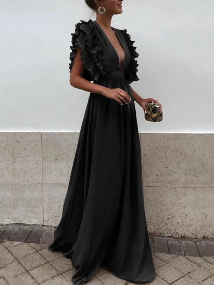 

Women's French Backless Long Skirt Ladies Sexy Elegant V-neck Vintage Party Dress Evening es Ruffle Sleeve White