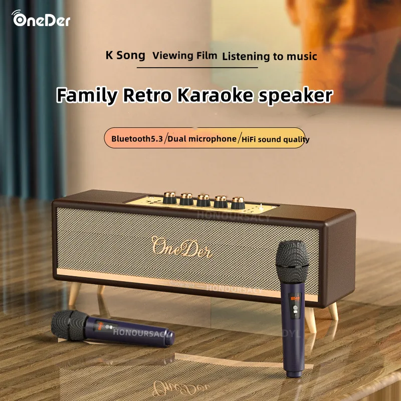 

Wooden Retro K-song Home Power Amplifier Bluetooth Speaker with 2 Wireless Microphone 60W Big-power Mega Bass High Sound Quality