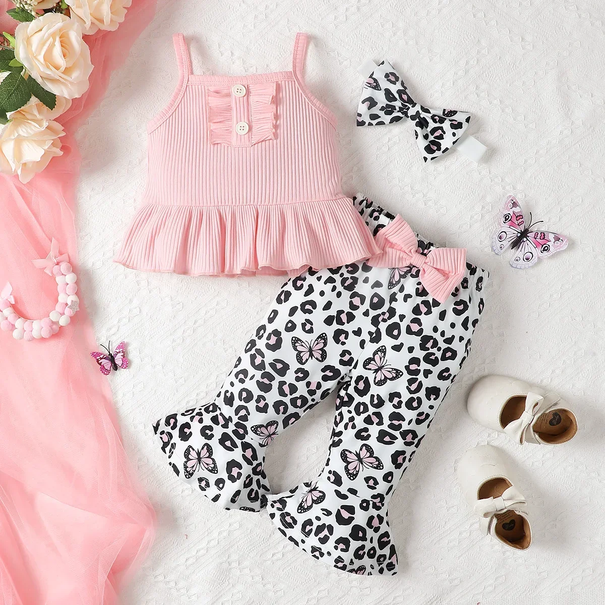 

Baby Girl Clothes Fashion Solid Color Ruffled Suspender Top with Bow Leopard Pattern Flare Pant Three-piece Suit for Summer Wear