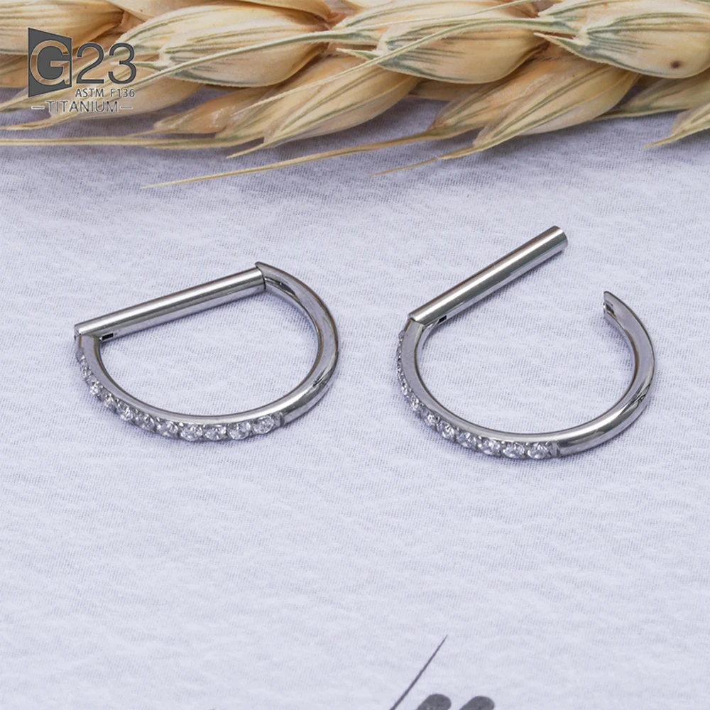 10Pcs ASTM F136 Titanium Piercing  Nose Ring Jewelry 16G Nose Ring Half Ring CZ Paved D Shape Segment Ring Clicke Cartilage