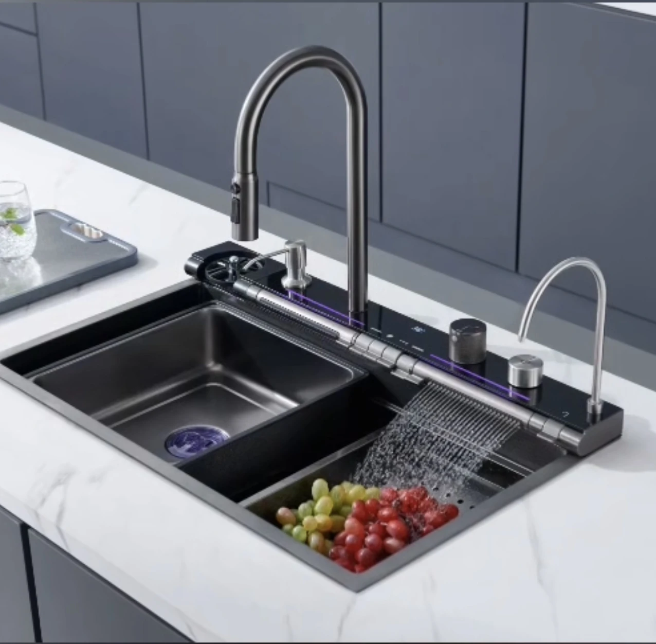 Waterfall Kitchen Sinks Combo 304 Stainless Steel Nano Sink With Multifunctional Fahrenheit Digital Display Pull-Out Faucet 3