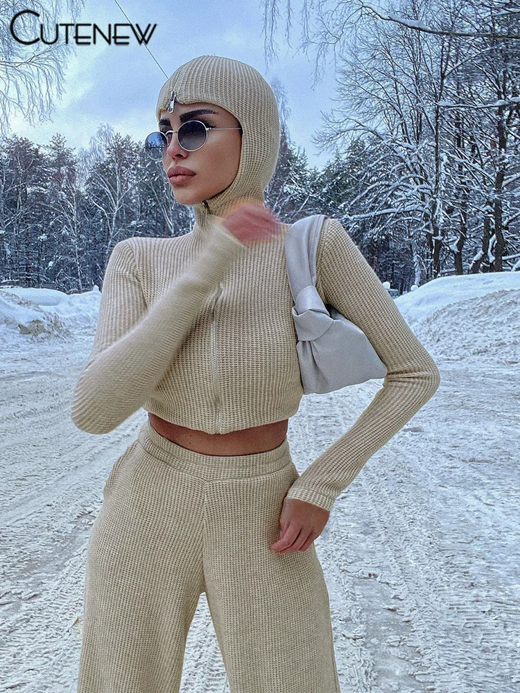 Classic Sporty Women 2Piece Set Concise Autumn Tracksuits Solid Hooded Zip-up Crop Tops+Matching Pants Female Knit Suits