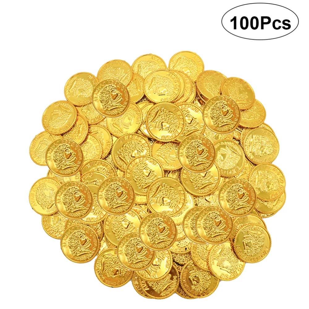 

100pcs Pirates Gold Coins Plastic Gold Coins Props Game Accessary Funny Playing Toys for Kids Children (Golden)