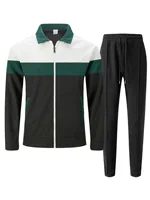 Ensemble sportif tricoté à carreaux et color-block pour homme, veste zippée et pantalon à lacets, un ensemble streetwear décontracté pour le quotidien. 5