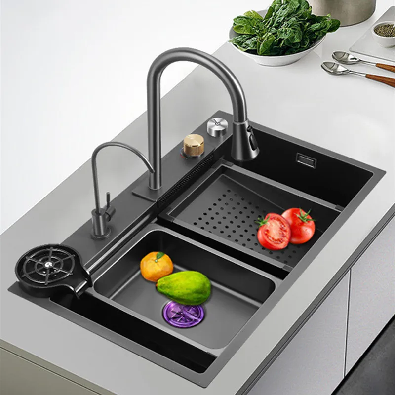 Black Nano 304 Stainless Steel Waterfall Kitchen Sink 3mm Thickness Large Single Slot Cup Washer Above Mount Waterfall Faucet