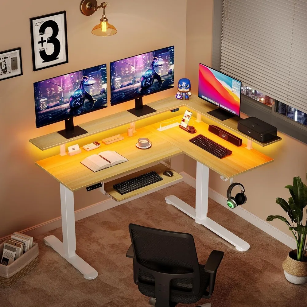L Shaped Standing Desk with LED Light and Power Outlet, Dual Motor Height Adjustable Electric Standing Desk with Monitor Stand 2
