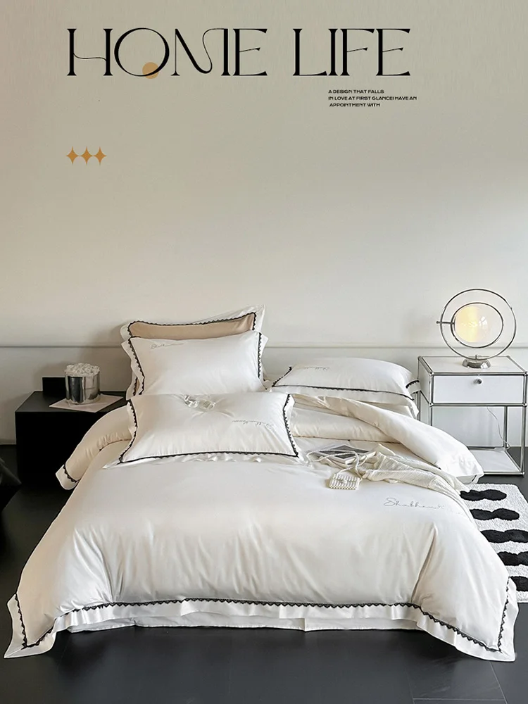 

Bedding Set Luxury Simple White Egyptian Cotton Embroidery Double Duvet Cover Bed Sheets and Pillowcases 200x230 220x240 Bed Set