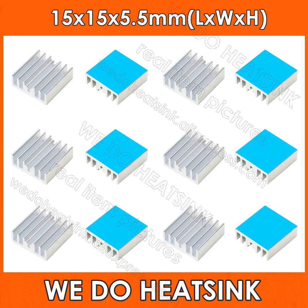 

Wholesale 15x15x5.5mm Silver Aluminum Heatsink IC CPU Ram MOS Heatsinks With Thermally Conductive Adhesive Transfer Tape Applied