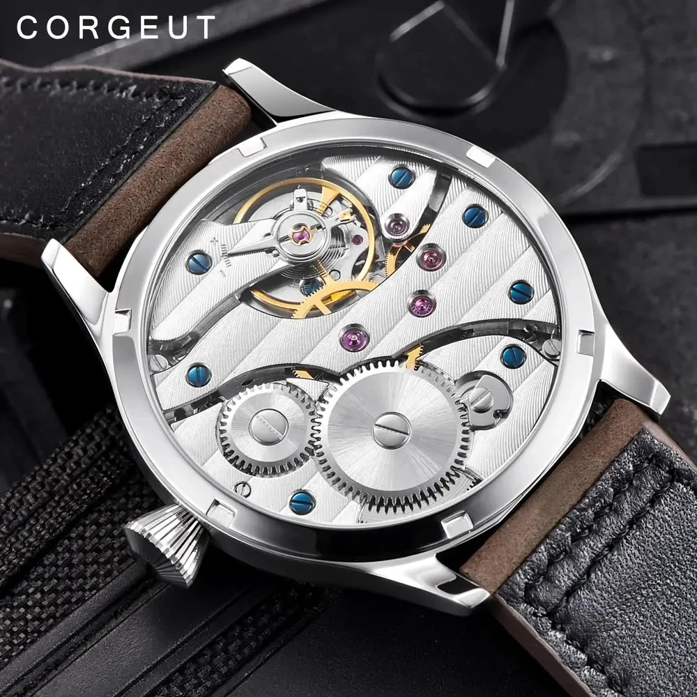 Mechanical Watch Corgeut 44mm Leather Luminous Mechanical Hand Winding Watch for Men 17 Jewels ST3600 Seagull 6497 Movement Sport Wristwatches