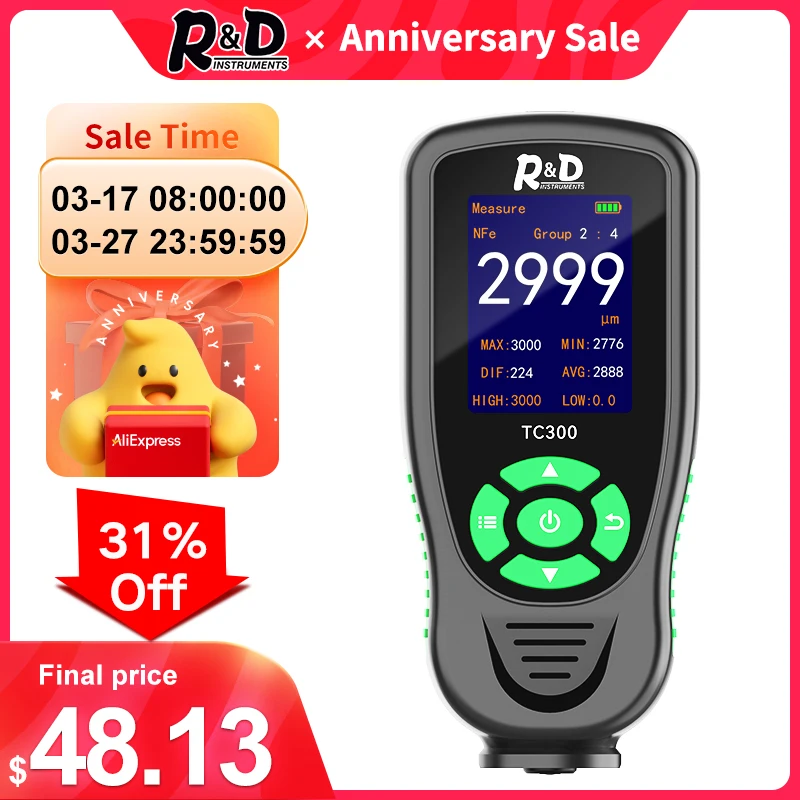 R&D TC300 Coating Thickness Gauge for Car Digital Meter Tool Automotive Paint Thickness Measurement F/NF Automatic Detection aneng cg01 coating thickness gauge measuring fe nfe 0 1micron 0 1500 car paint film thickness tester russian manual paint tool