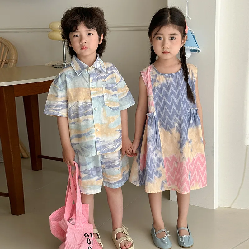 MILANCEL Brother and Sister Outfit Children's Summer Shirt Set 1-8Y Boys' Beach Clothes Loose Casual 2Pcs Suit Girls' Vest Dress