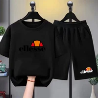 T-shirt à col rond + short pour enfants, ensemble de sport décontracté à manches courtes pour garçons et filles de 3 à 12 ans, noir, imprimé de marque à la mode 2