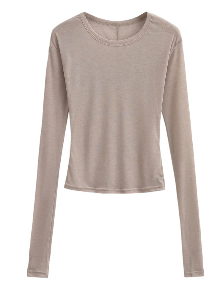 Women Crew Neck Fitted Long Sleeve Semi Sheer T-shirt - Image 6