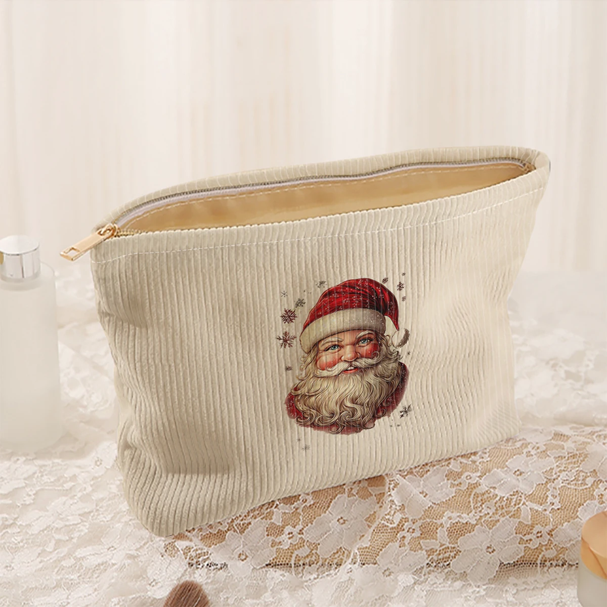 1 Christmas themed corduroy makeup bag, lightweight zipper makeup storage box, multifunctional bag with lining
