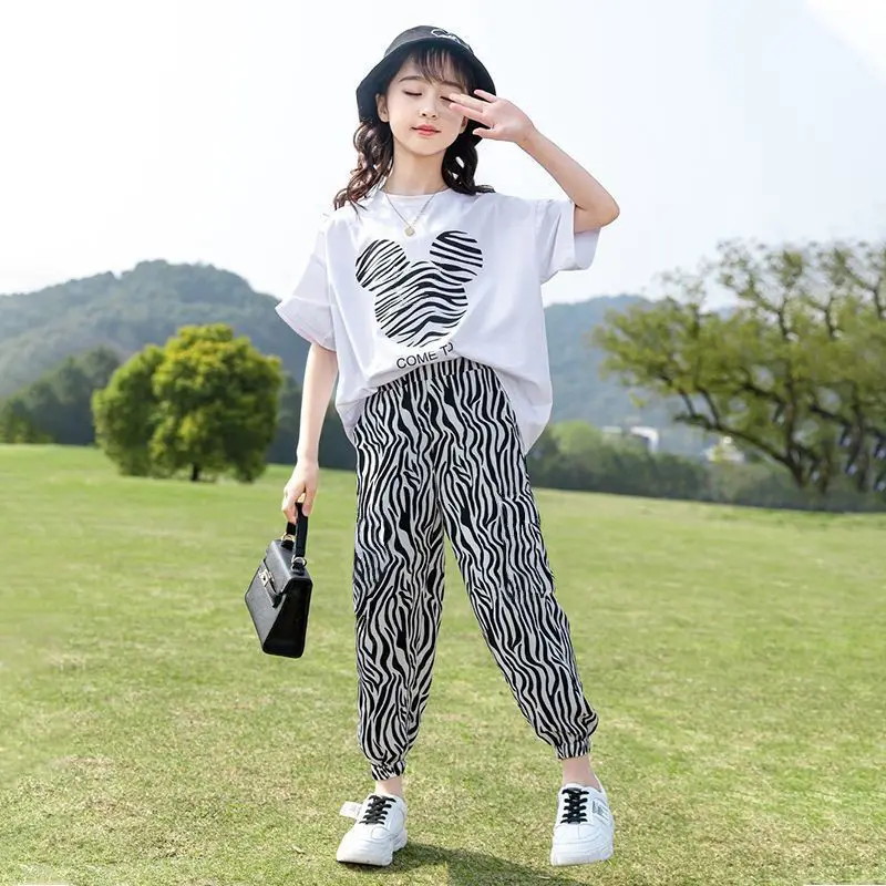 

Summer Casual Kids Top Tees Sets Girls White Cartoon T-Shirt + Zebra Jogger Pants Set Children 2 Pieces Clothing 3-14 Years