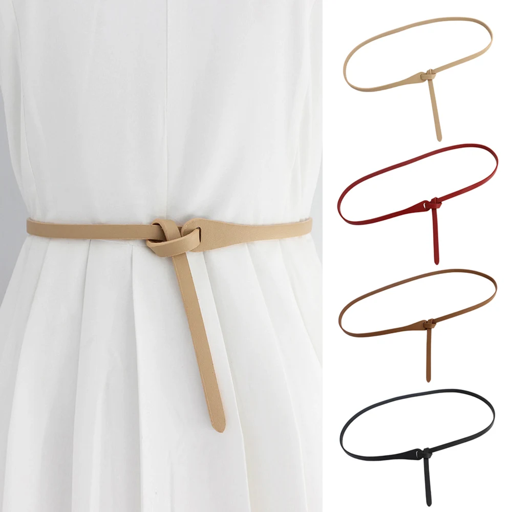 

Женский тонкий ремень из искусственной кожи с пряжкой с узлом, длинный тонкий пояс в Корейском стиле для платьев и джинсов, женский ремень-корсет для пальто