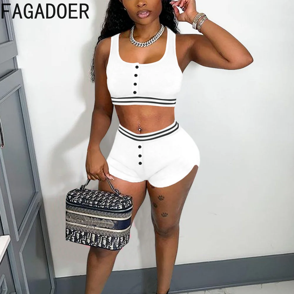 FAGADOER Summer Two Piece Set Women Sleeveless Buttons Crop Top Shorts Sets Fashion Casual Outfit Sport Matching Sets for Women denim women 2 piece skirt sets sexy v neck vest sleeveless buttons tank top mini pleated skirts summer fashion casual jeans suit