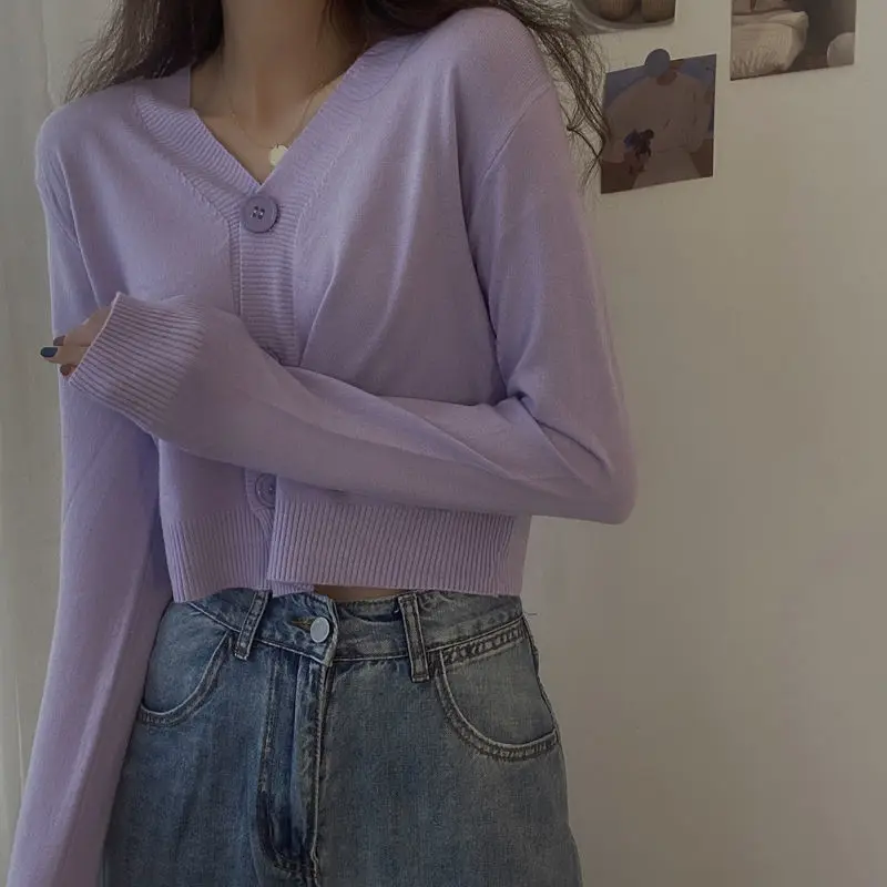 Thin Knitted Cardigan Summer Sweet Casual Women's Clothing Trend 2024 Basic Korean Long Sleeved  Sweater Macaron Solid All-match