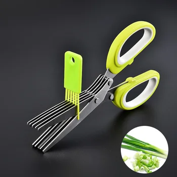Herb Scissors  Stainless Steel 5 Blade Kitchen Shears Household Vegetable Cutter with Cover Multifunctional Kitchen Gadgets