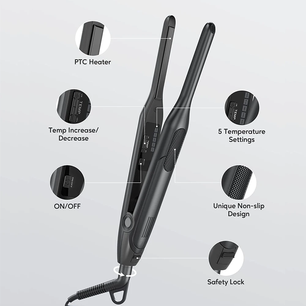 Small Hair Curler For Short Hair Thin Plate Pencil Flat Iron 450&deg;F Professional Salon Curling Iron Dual Voltage Portable